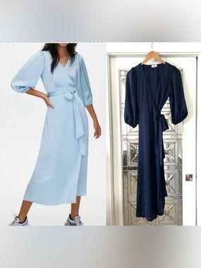Aritzia Little Moon NAVY Vesper Satin Wrap-Front Maxi Dress Sz XS